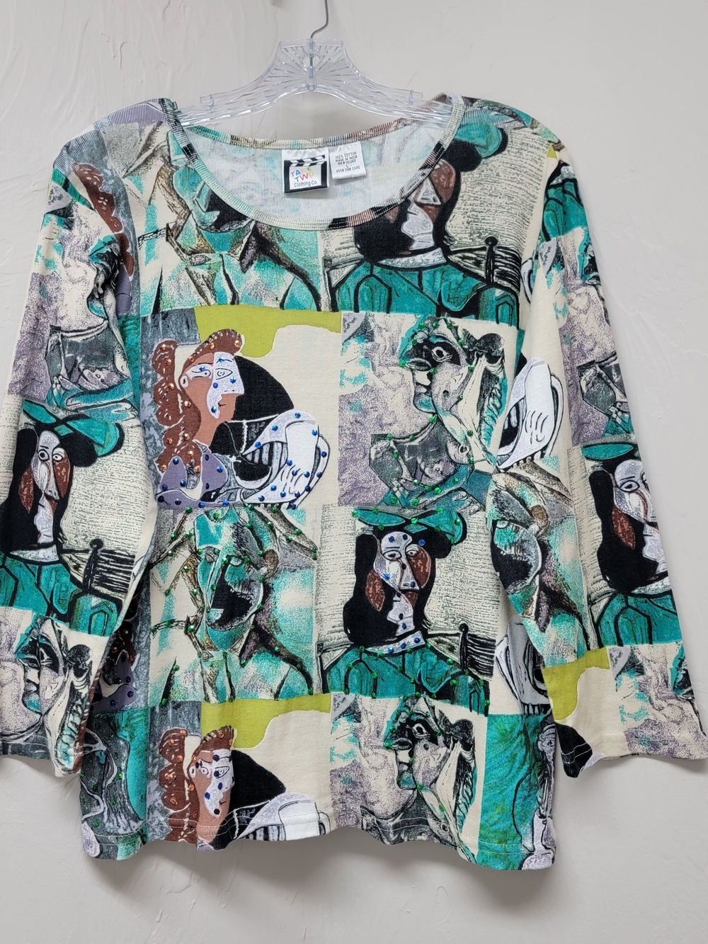 VTG Take Two Clothing Co Picasso Art Abstract Face Sequin 3/4 Sleeve Womens L